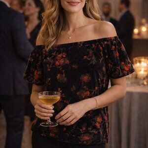 Loft Petites Top MP Black Floral Velvet Burnout Off Shoulder Dark Feminine
